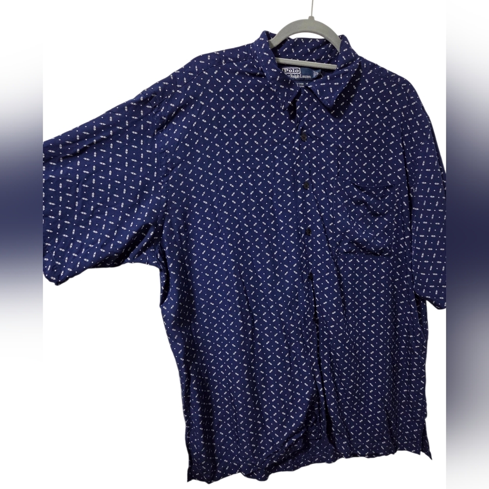 Polo By Ralph Lauren Shirt Mens L Clayton Navy Blue Print Rayon Camp Loop pocket
